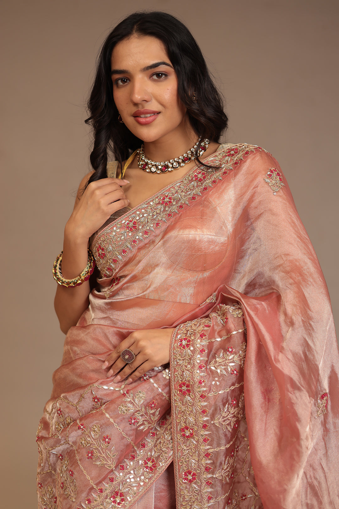 Tissue Saree with Aari, Gota Patti, Sequins, Thread, Zardozi work.