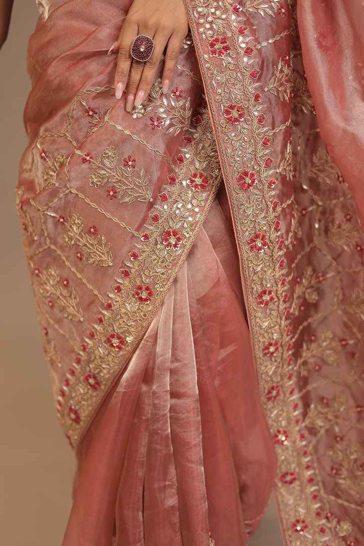 Tissue Saree with Aari, Gota Patti, Sequins, Thread, Zardozi work.