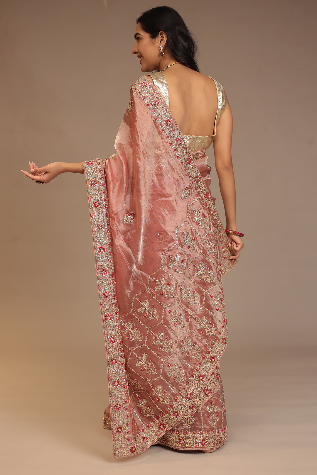 Tissue Saree with Aari, Gota Patti, Sequins, Thread, Zardozi work.