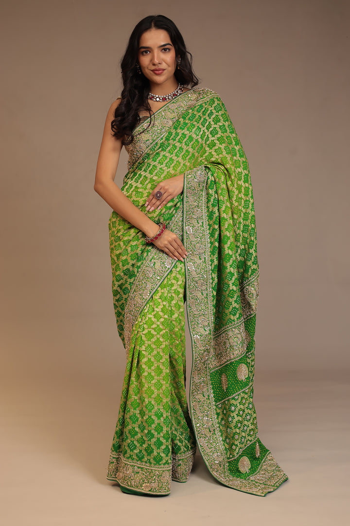 Bandhej Georgette Saree with Pearl, Sequins, Zardozi work.