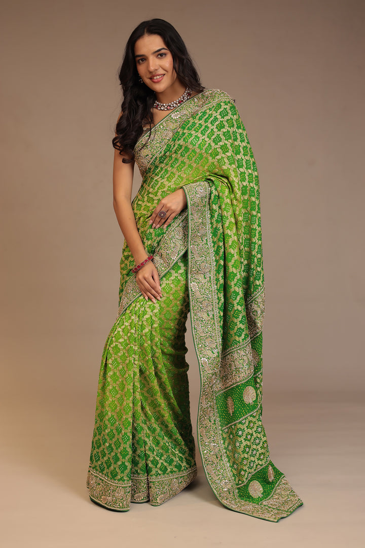 Bandhej Georgette Saree with Pearl, Sequins, Zardozi work.