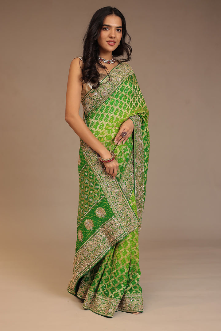 Bandhej Georgette Saree with Pearl, Sequins, Zardozi work.
