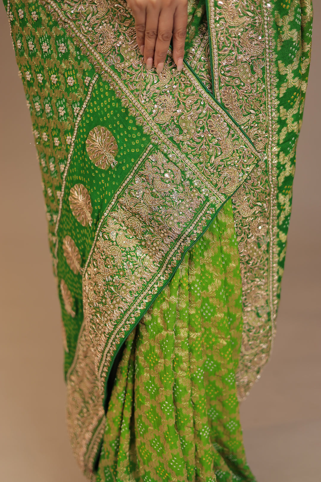 Bandhej Georgette Saree with Pearl, Sequins, Zardozi work.
