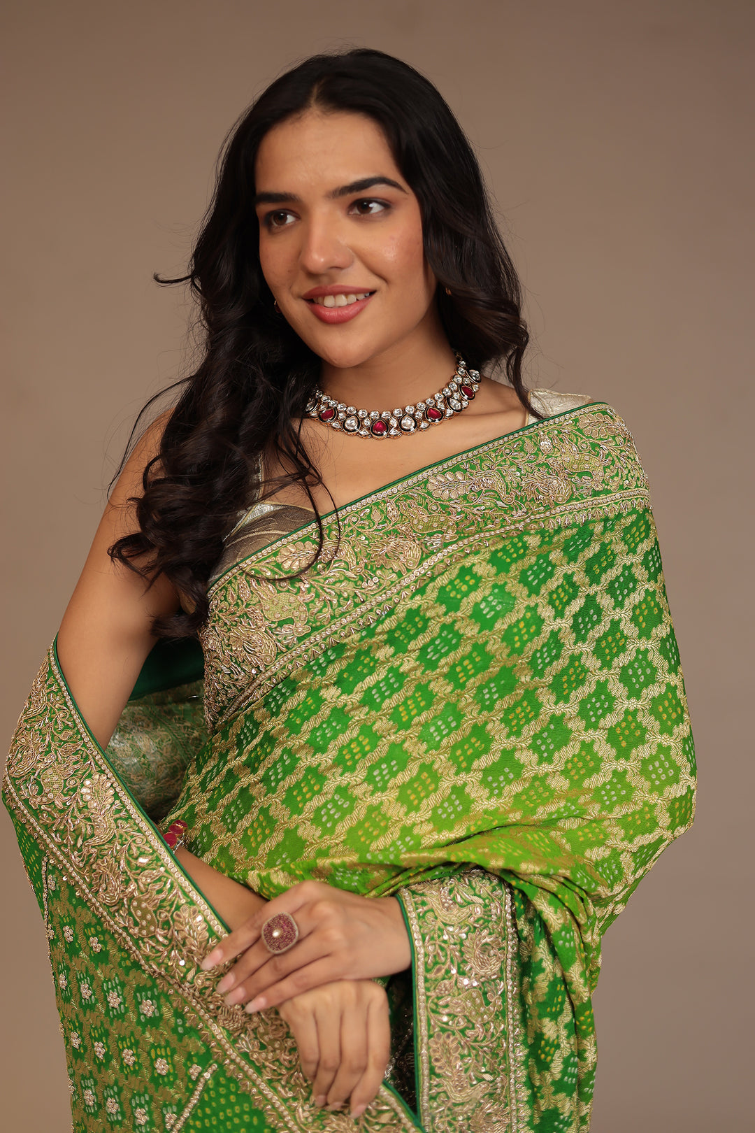 Bandhej Georgette Saree with Pearl, Sequins, Zardozi work.