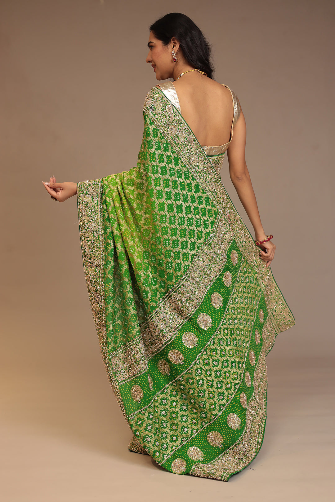 Bandhej Georgette Saree with Pearl, Sequins, Zardozi work.