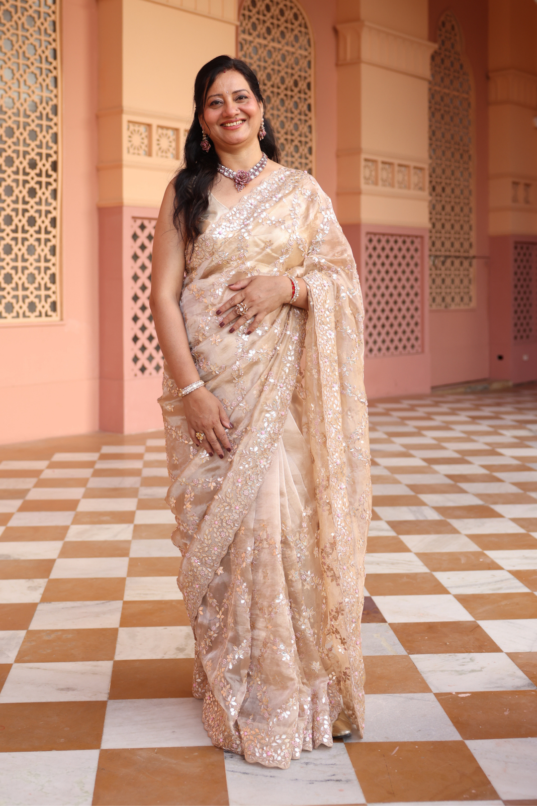 Tissue Saree  with Gota Patti, Thread, Zardozi work.