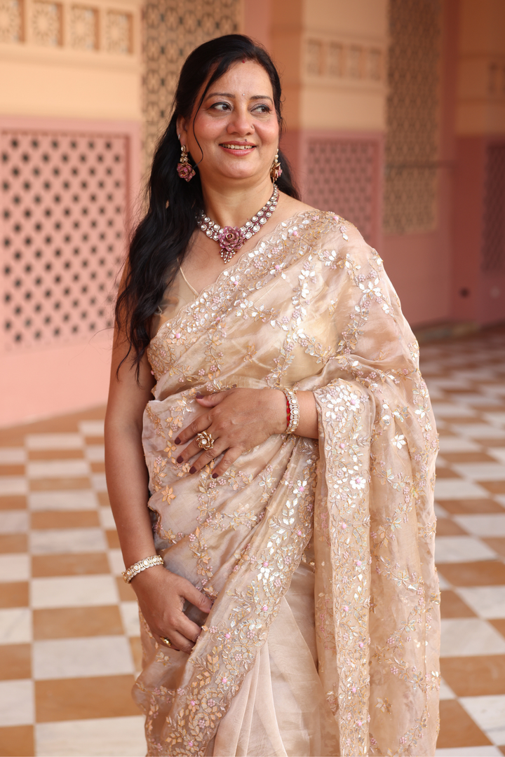 Tissue Saree  with Gota Patti, Thread, Zardozi work.