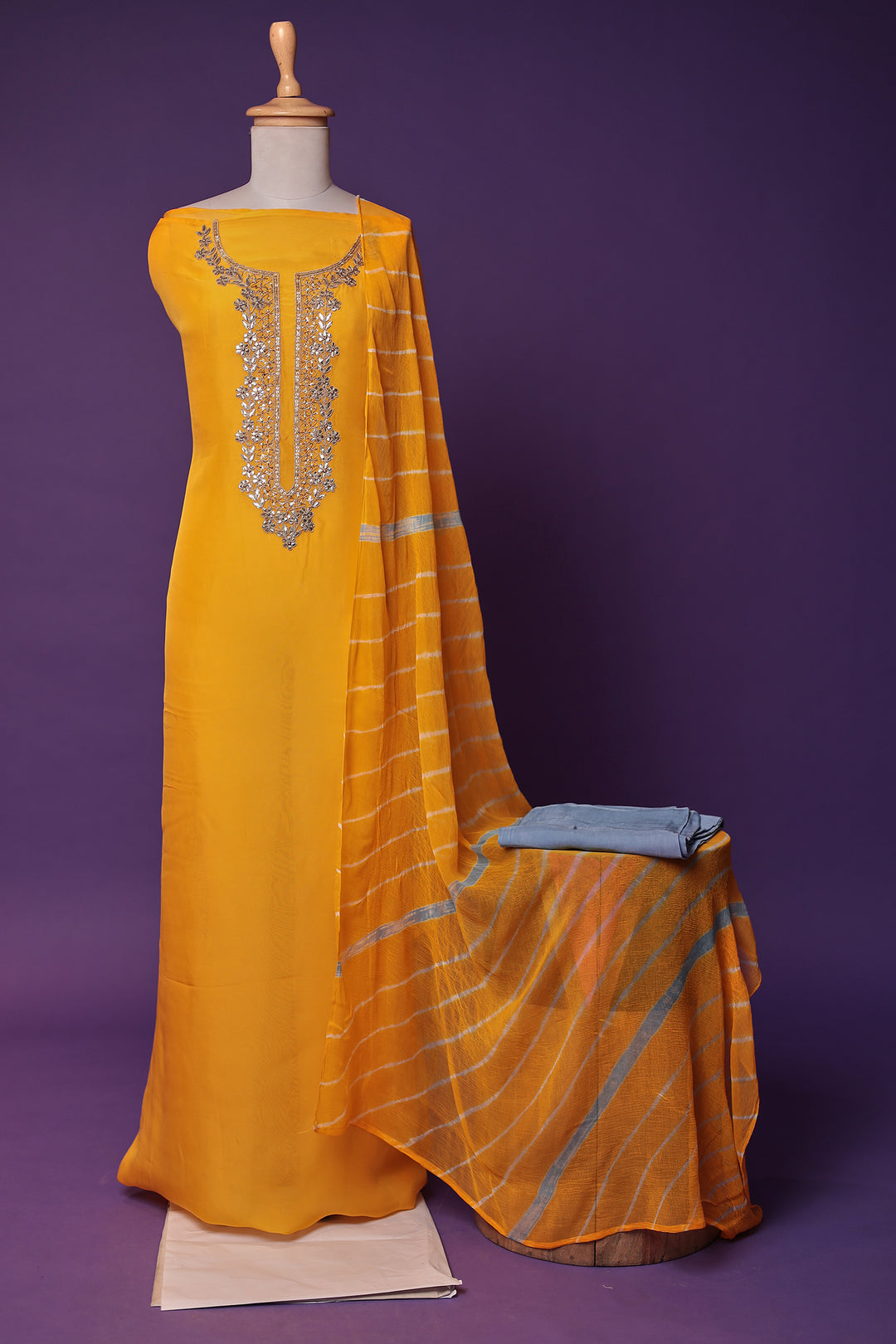 Leheriya Organza Unstitched Suit with Gota Patti and Zardozi work