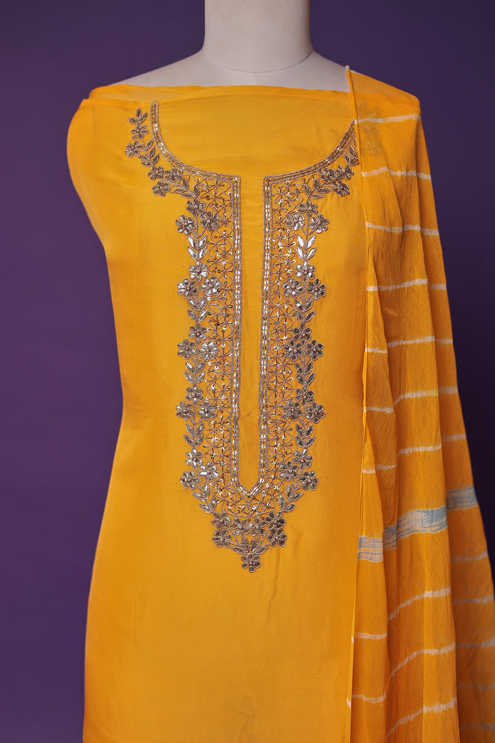 Leheriya Organza Unstitched Suit with Gota Patti and Zardozi work