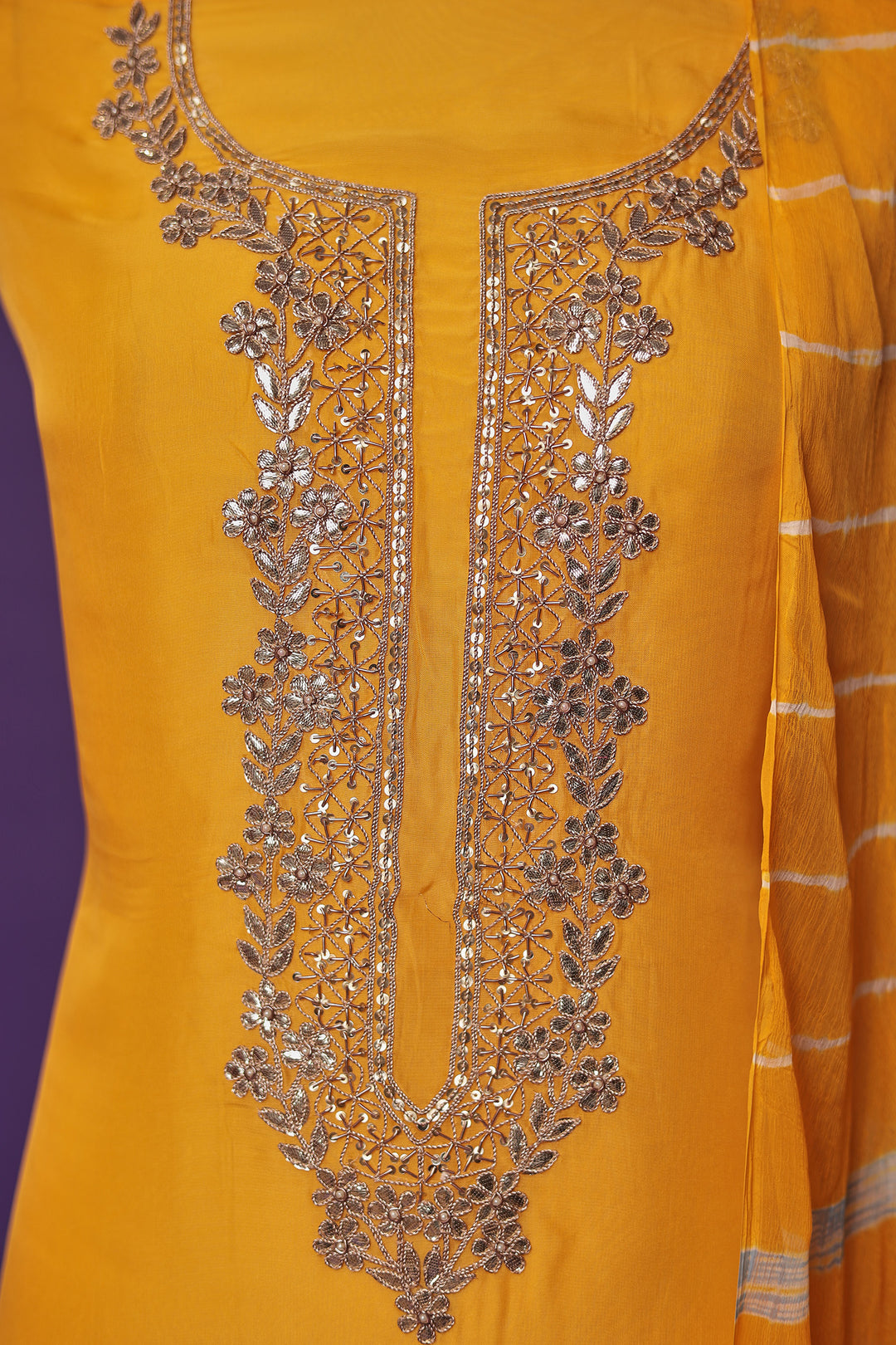 Leheriya Organza Unstitched Suit with Gota Patti and Zardozi work