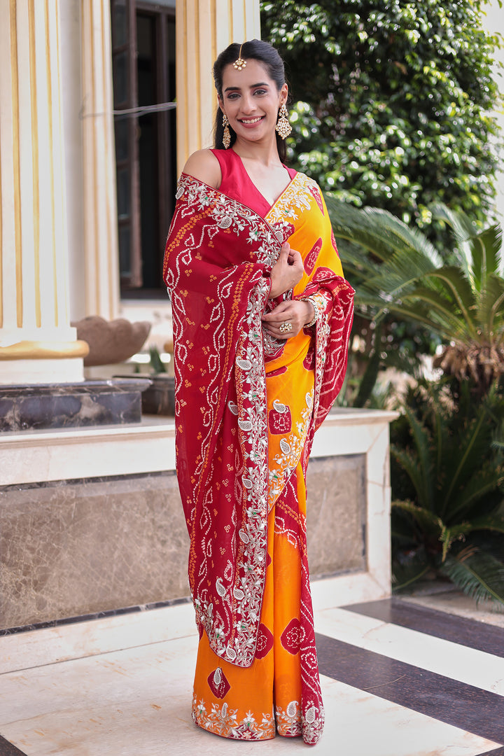 Bandhej Georgette Saree with Aari, Gota Patti and Thread work