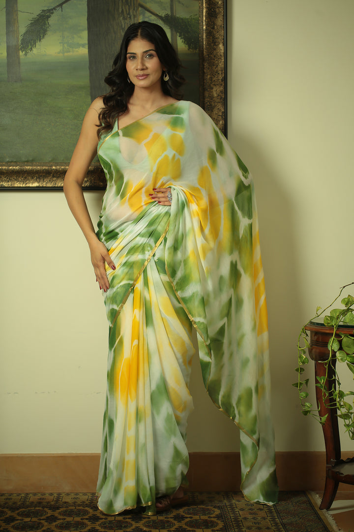 Tie & Dye Chiffon Saree with Zari work.