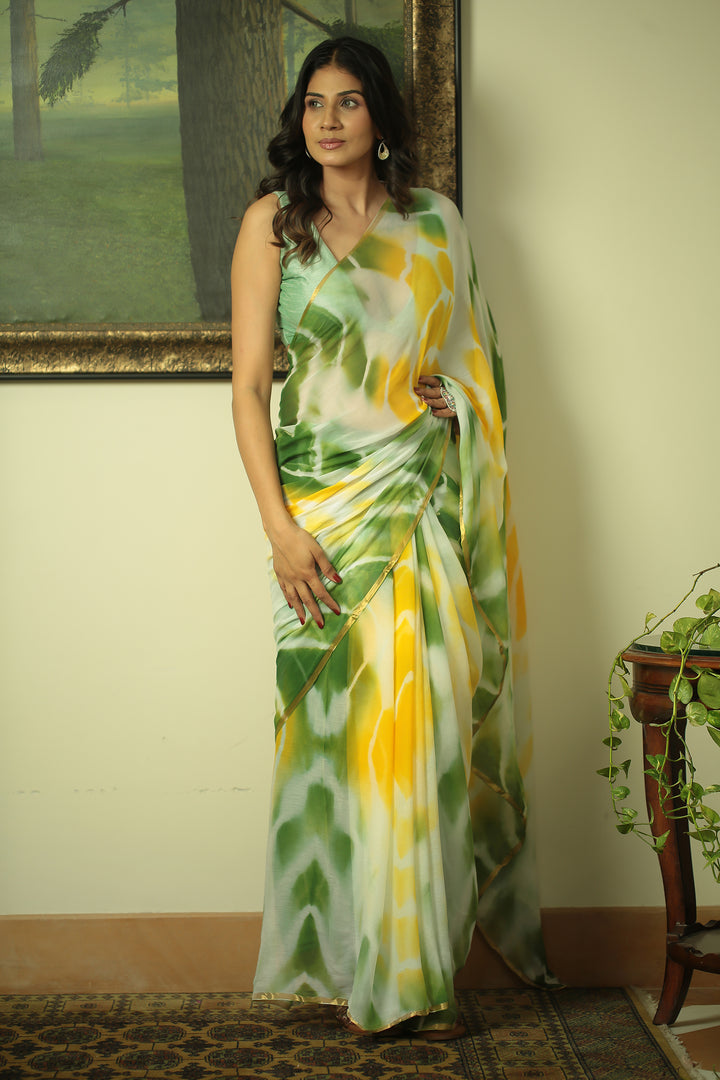 Tie & Dye Chiffon Saree with Zari work.
