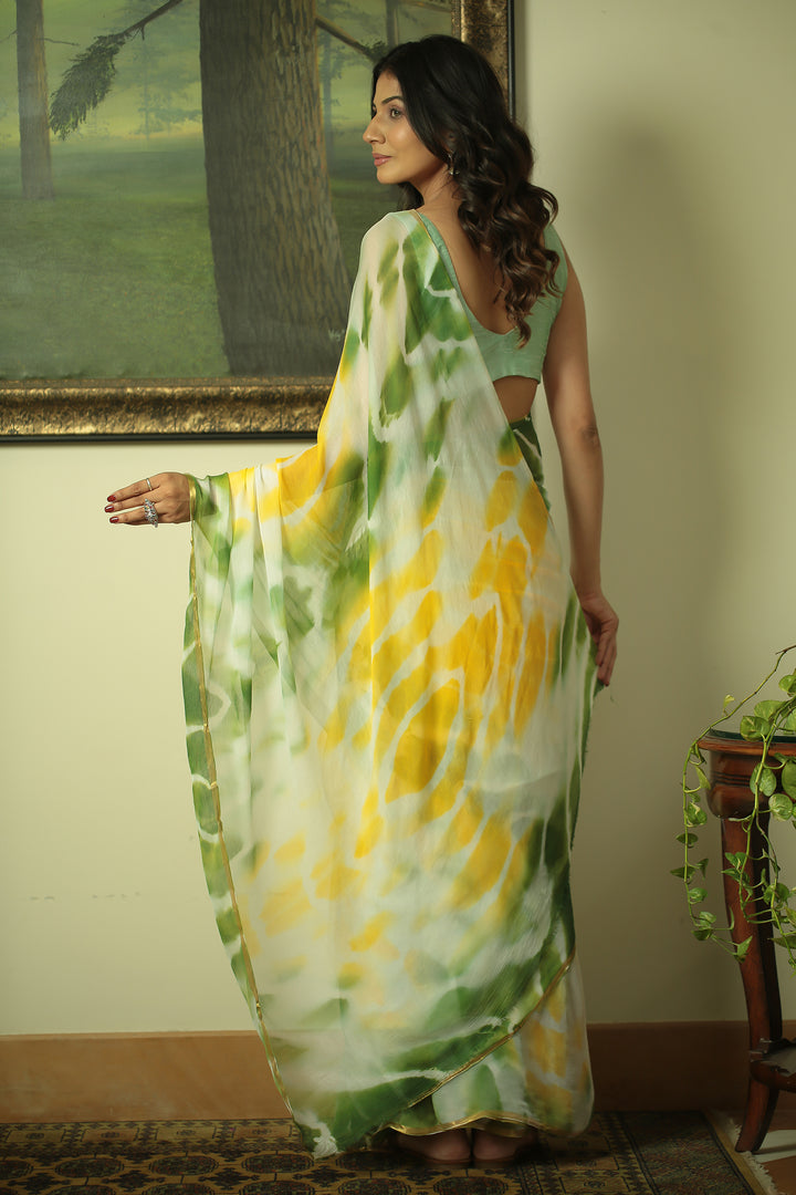 Tie & Dye Chiffon Saree with Zari work.