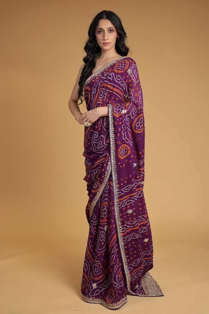 Bandhej Chiffon Saree with Gota Patti and Thread work