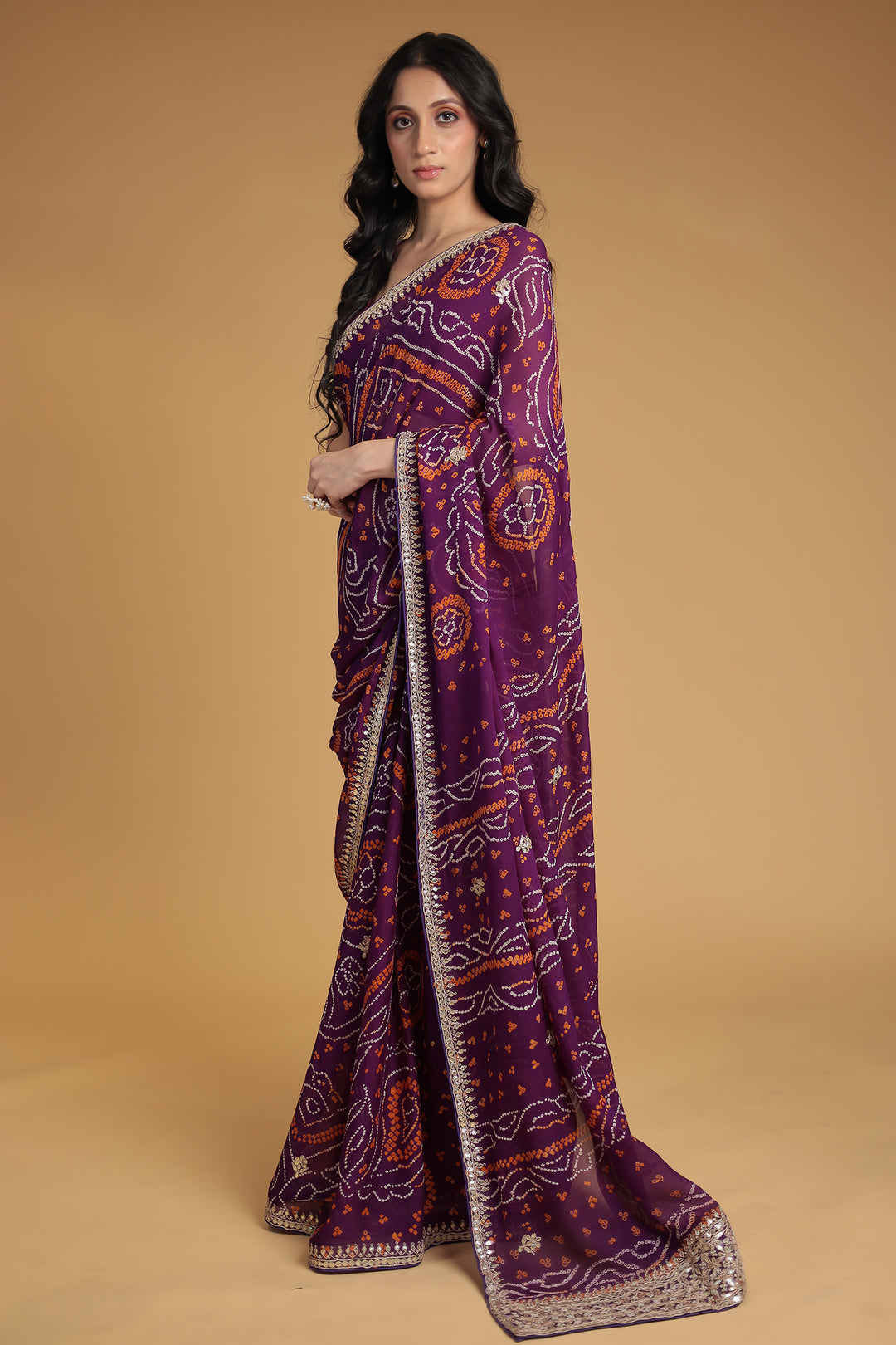 Bandhej Chiffon Saree with Gota Patti and Thread work