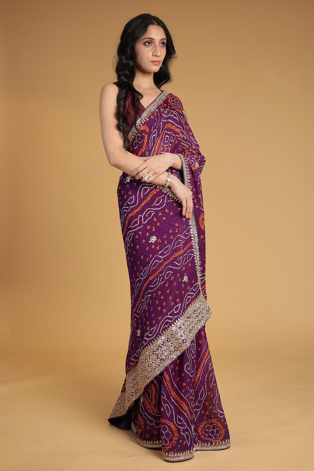 Bandhej Chiffon Saree with Gota Patti and Thread work