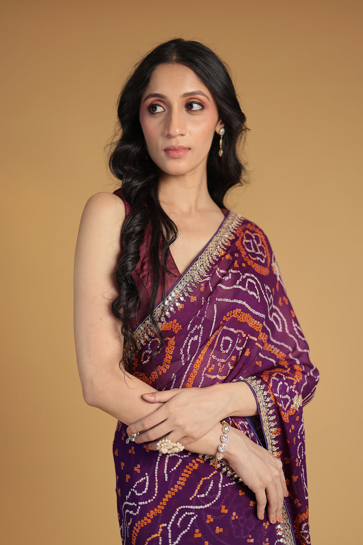 Bandhej Chiffon Saree with Gota Patti and Thread work