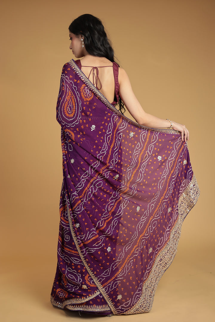 Bandhej Chiffon Saree with Gota Patti and Thread work