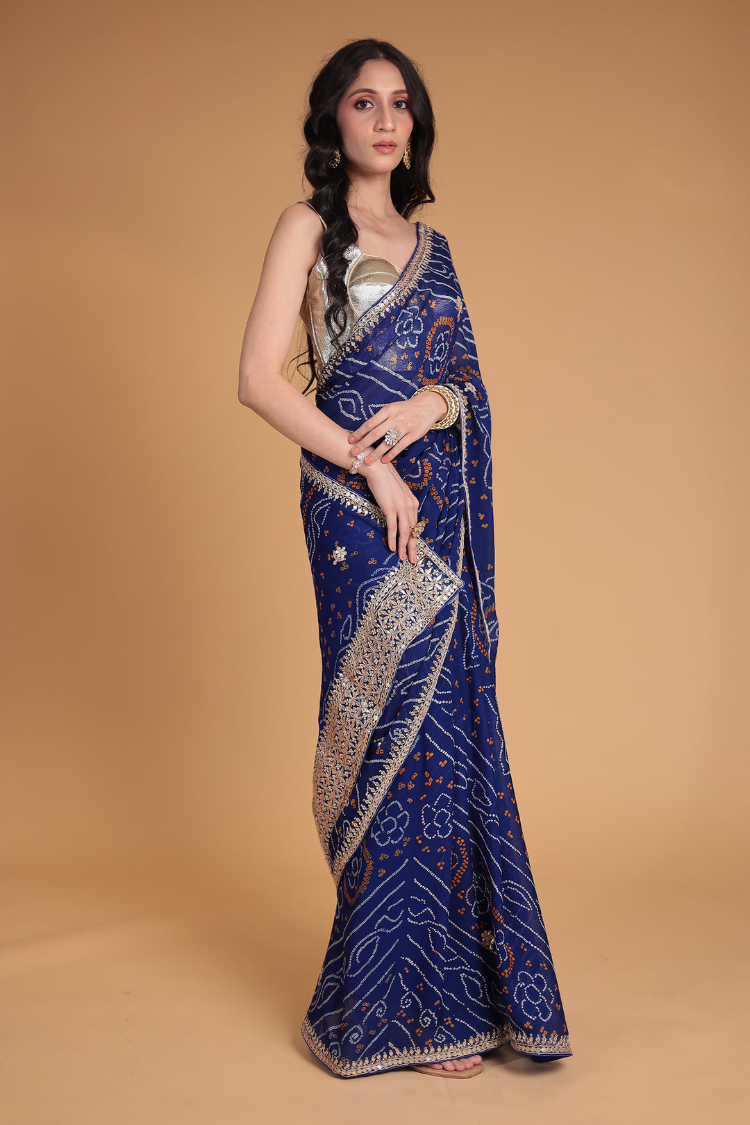 Bandhej Chiffon Saree with Gota Patti and Thread work