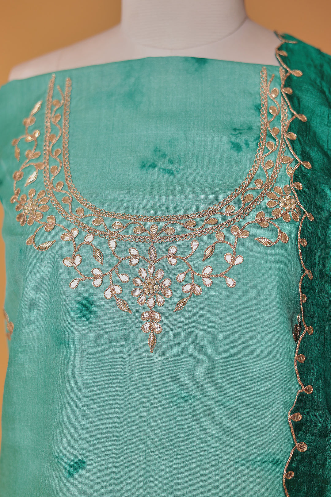 Tie & Dye Silk Unstitched Suit with Gota Patti and Zardozi work