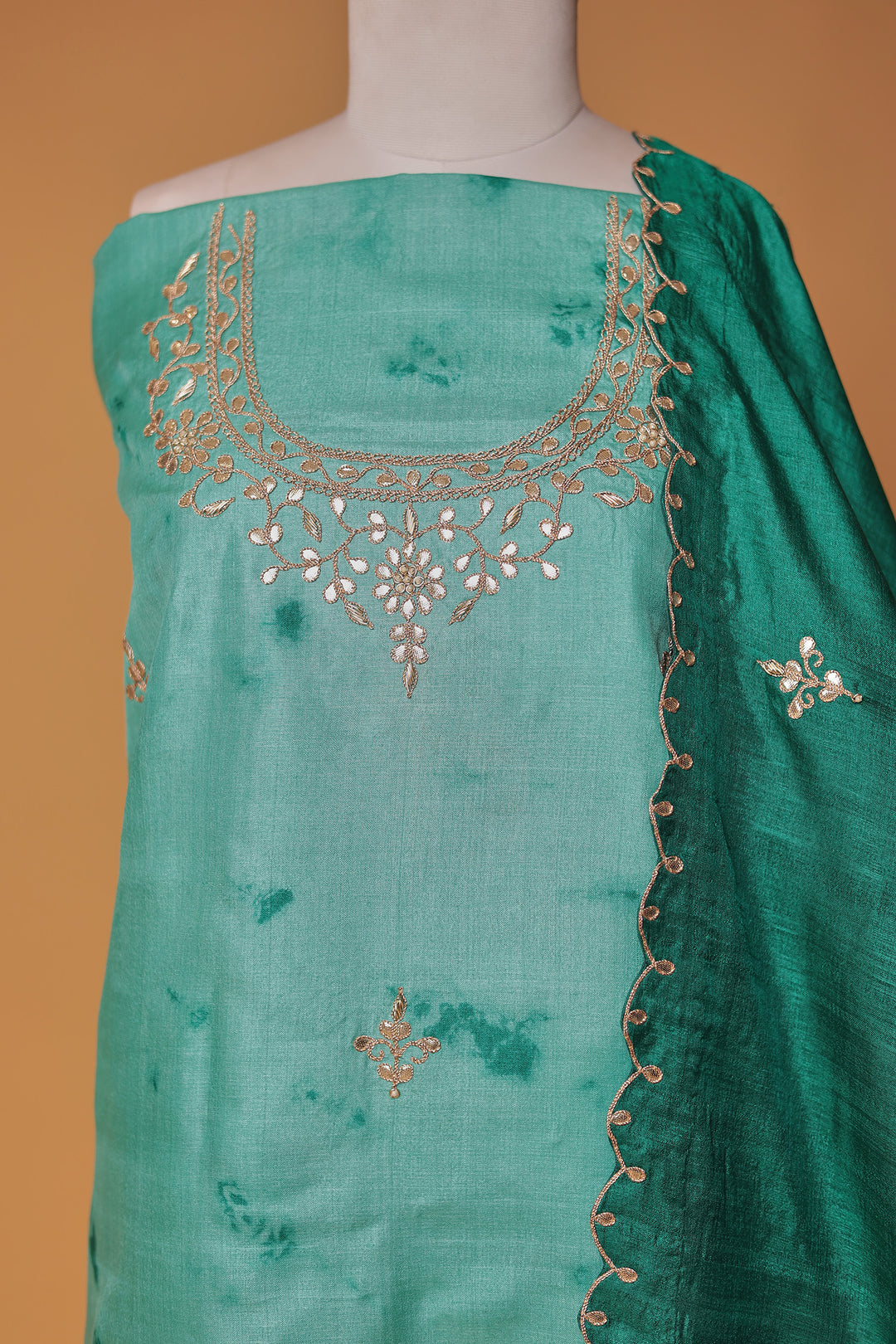 Tie & Dye Silk Unstitched Suit with Gota Patti and Zardozi work