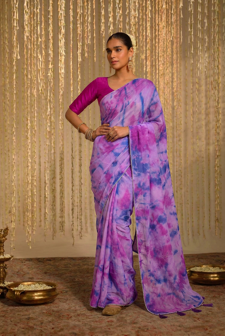 Tie & Dye Silk organza Saree with Zari work.