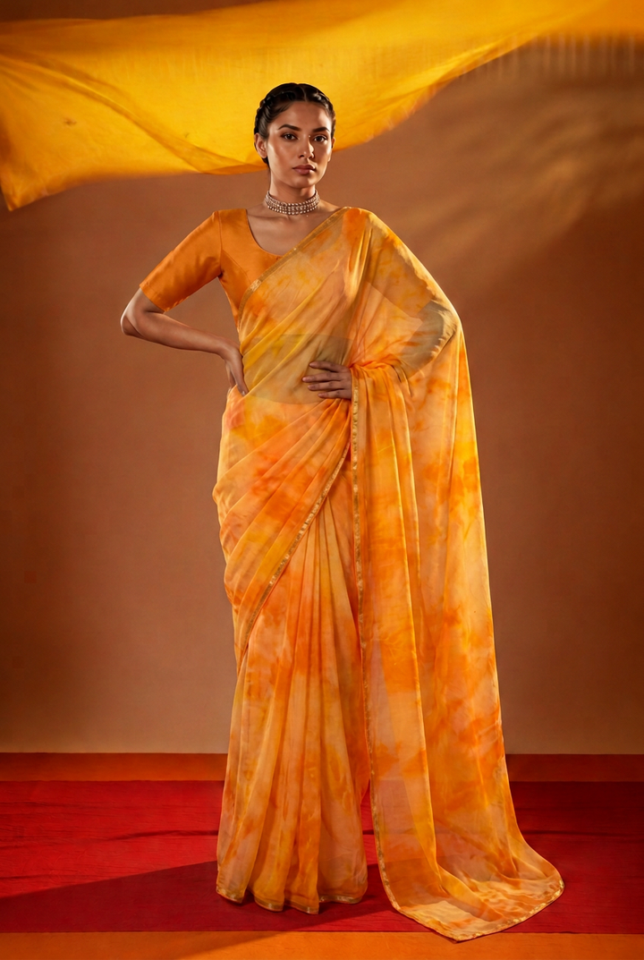 Tie & Dye Chiffon Saree with Zari work.