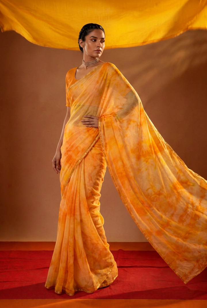 Tie & Dye Chiffon Saree with Zari work.