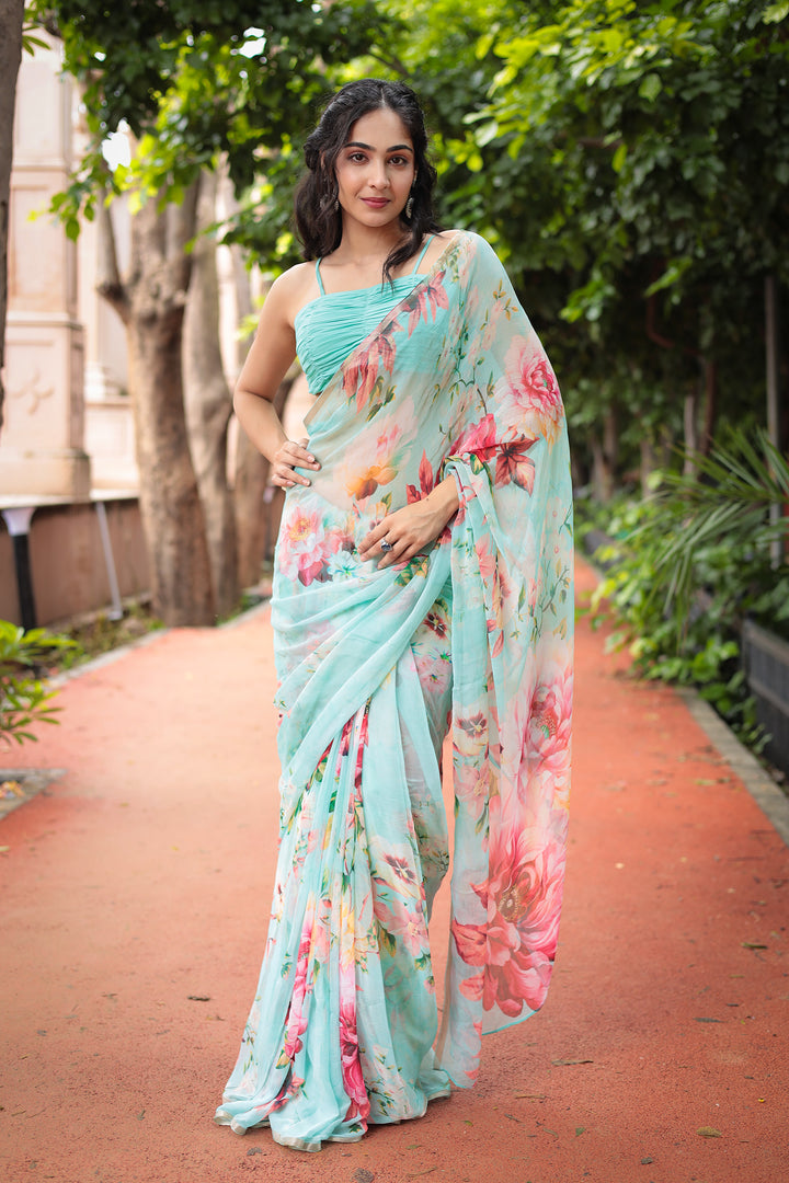 chiffon saree, summer saree, printed saree, floral print saree,