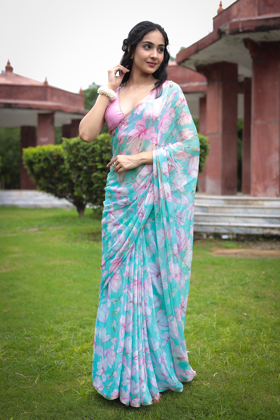chiffon saree, summer saree, printed saree, floral print saree,