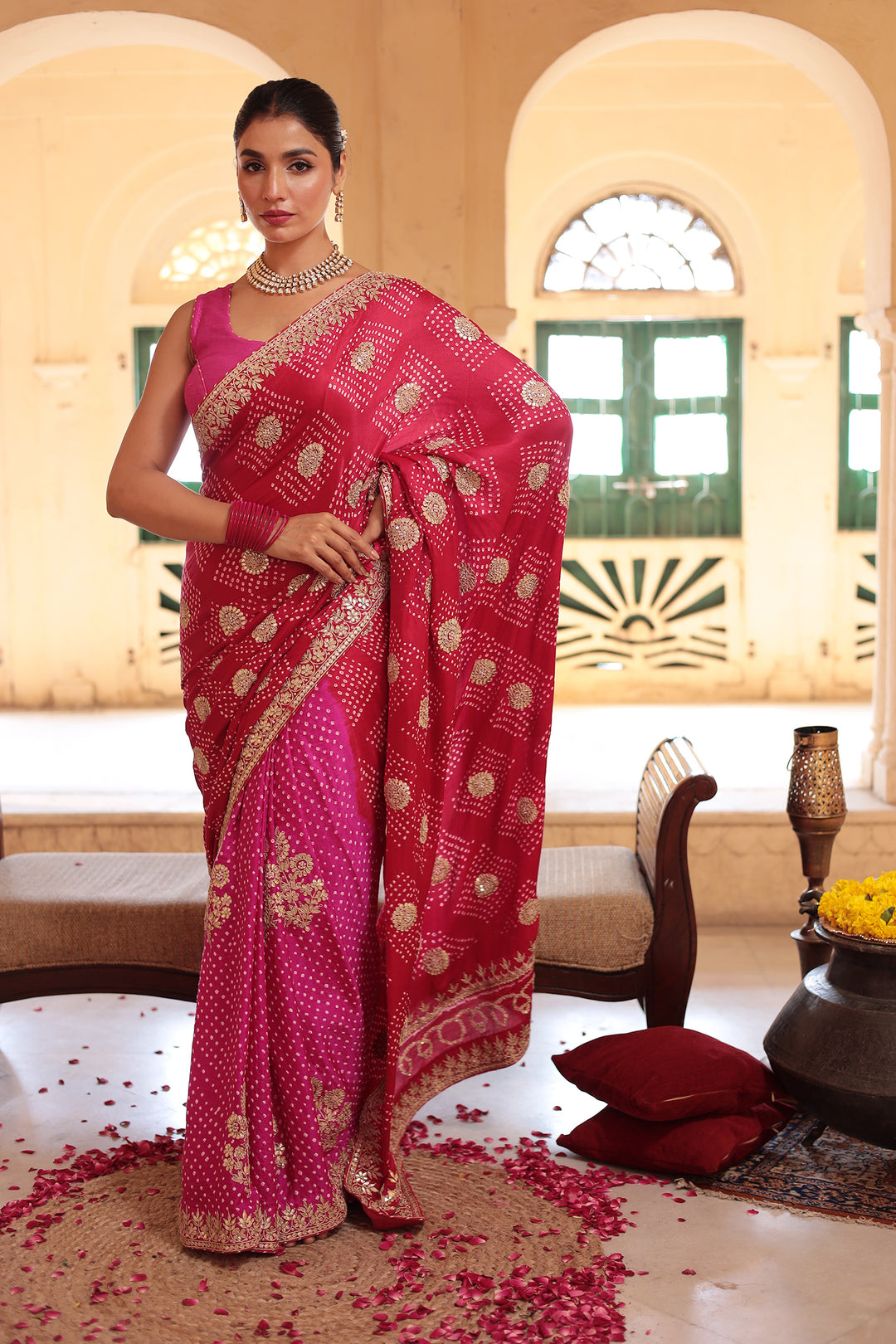 Bandhej Gajji Silk Saree with Dori and Gota Patti work – Zari Jaipur