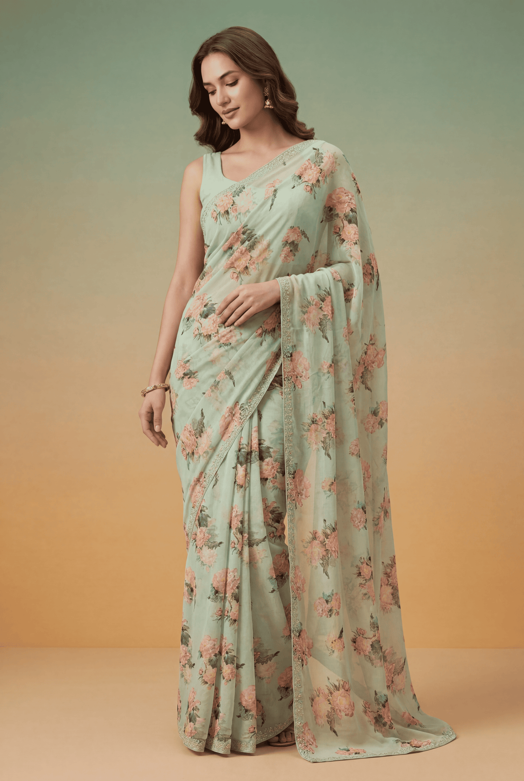 Printed Georgette Saree with Zari work.