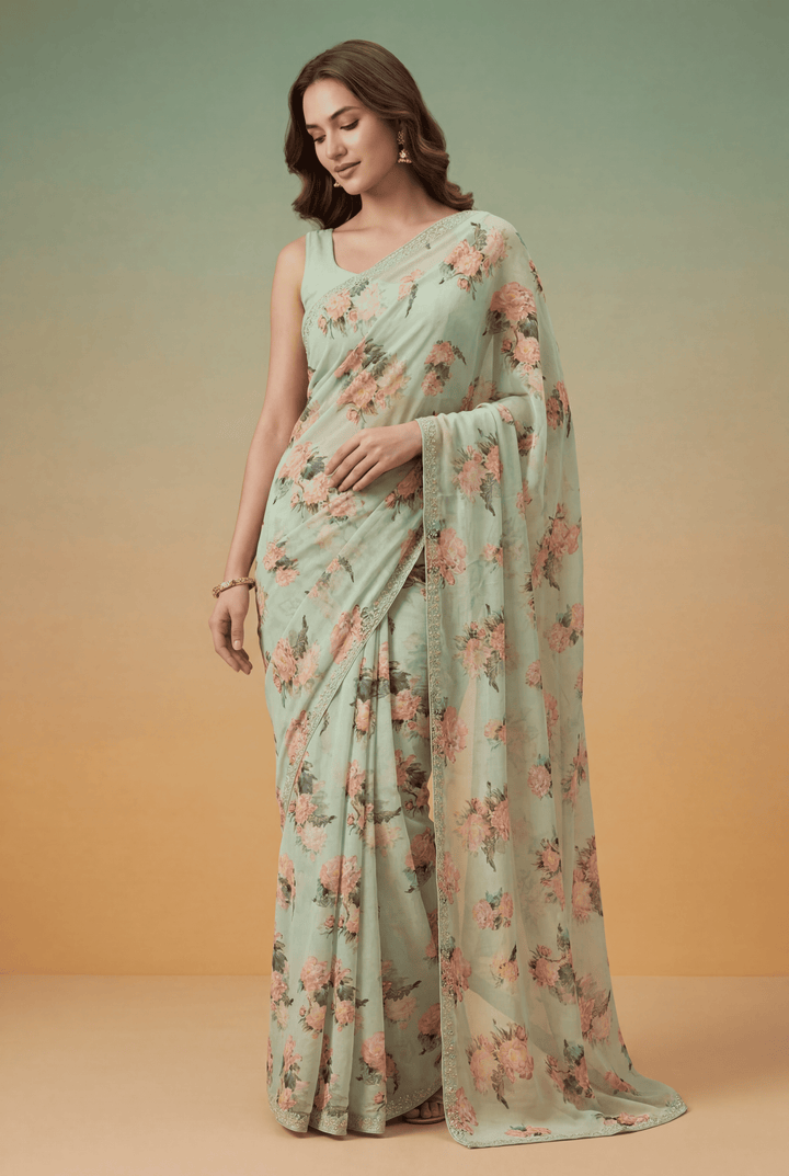 Printed Georgette Saree with Zari work.