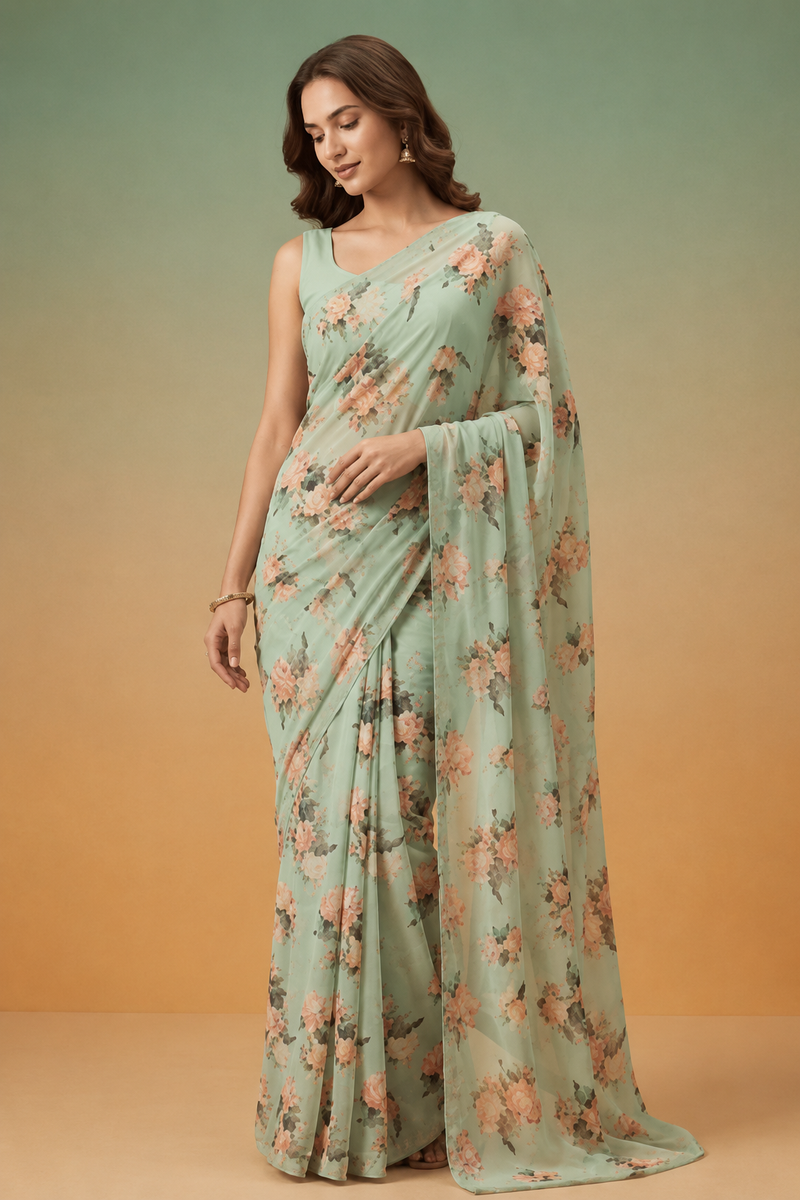 Printed Georgette Saree with Zari work.