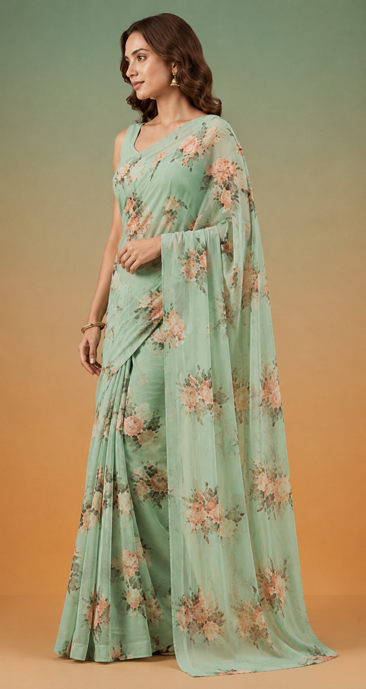 Printed Georgette Saree with Zari work.