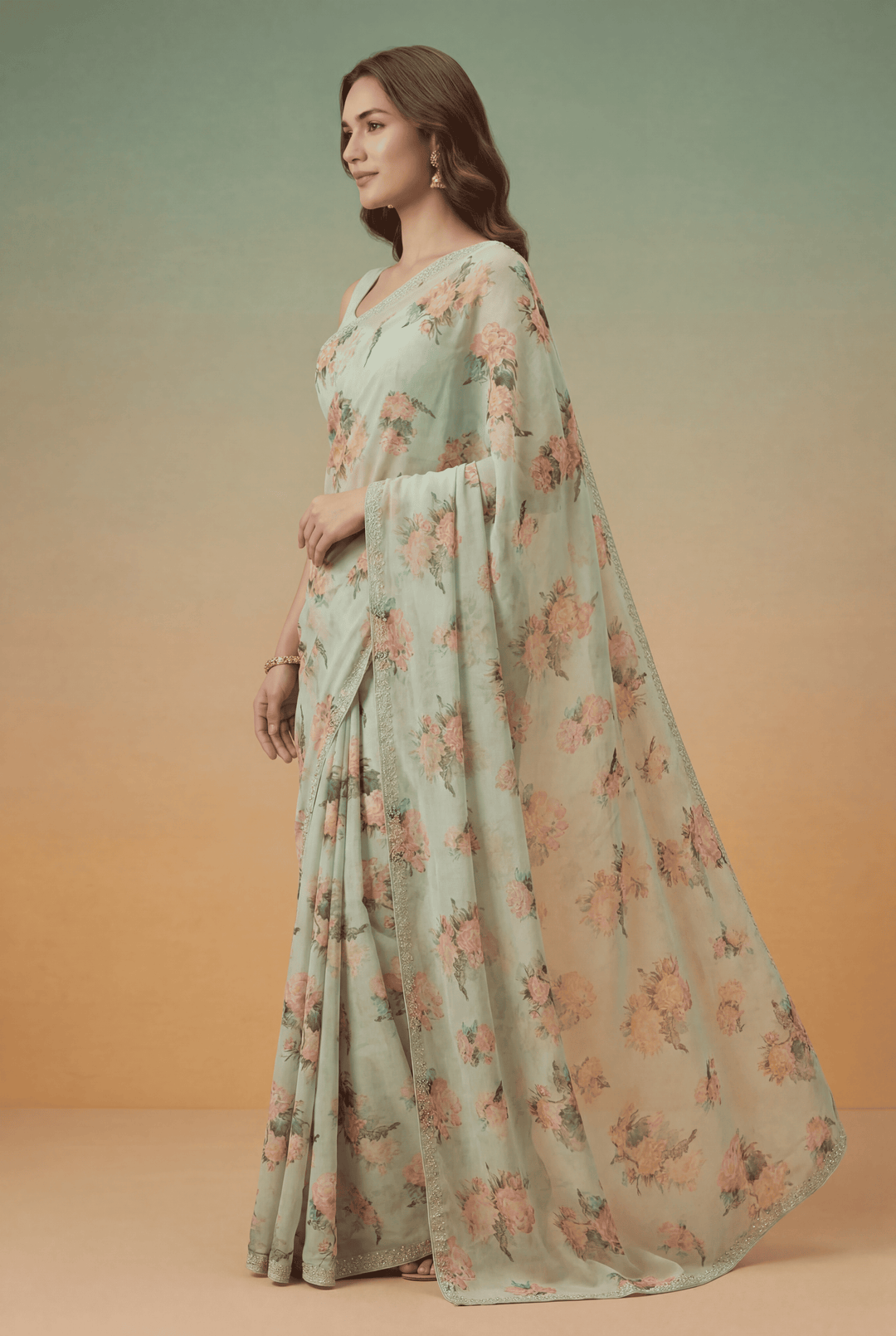 Printed Georgette Saree with Zari work.