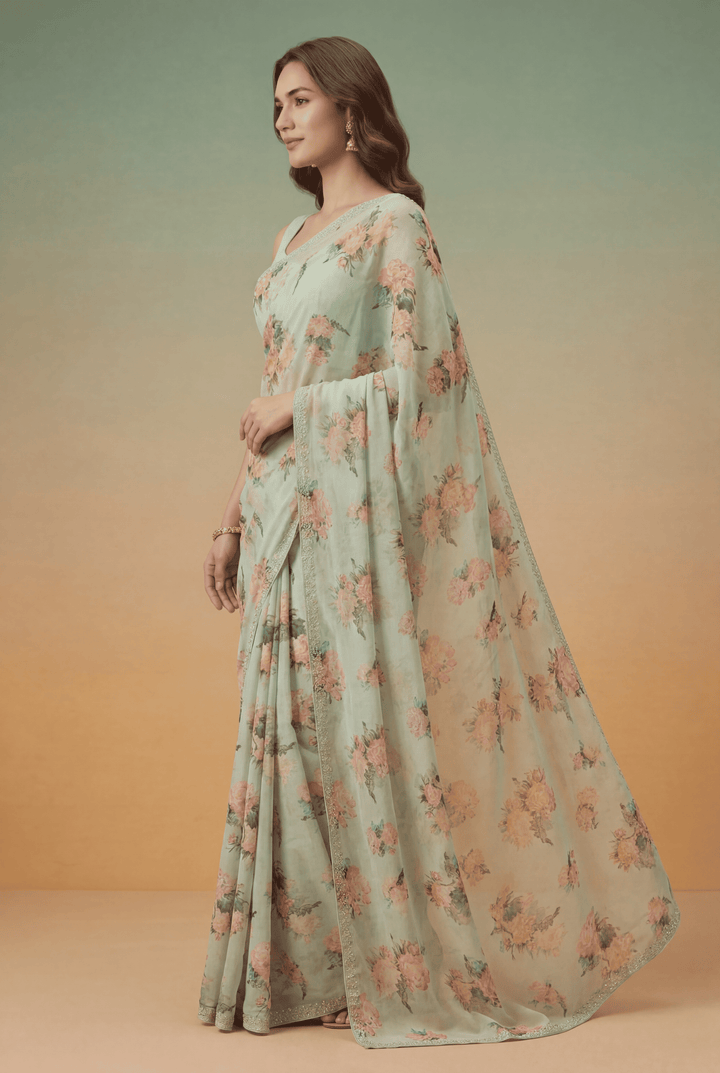 Printed Georgette Saree with Zari work.