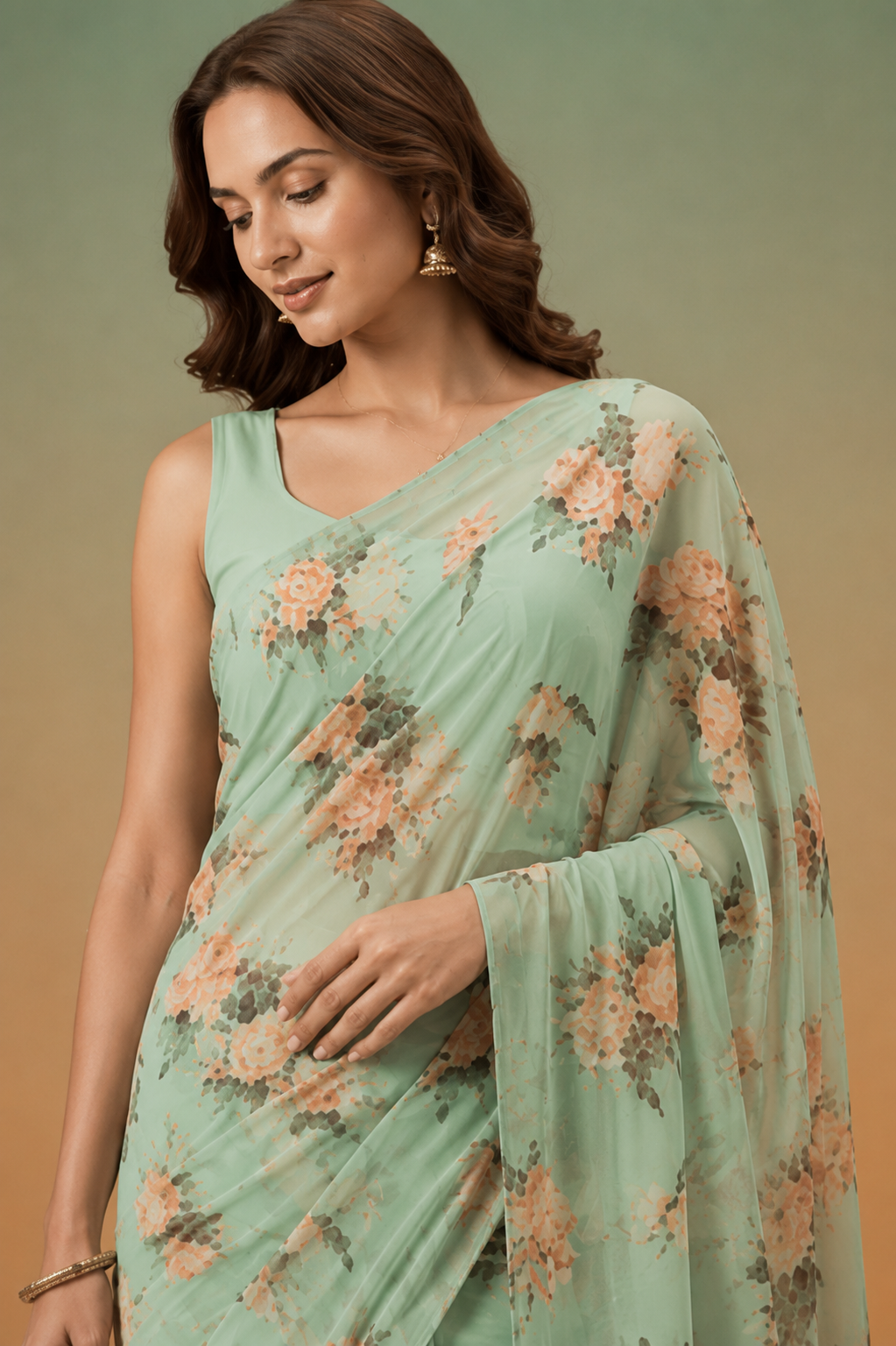 Printed Georgette Saree with Zari work.