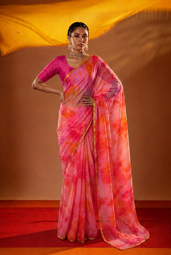 Tie & Dye Georgette Saree with Zari work.