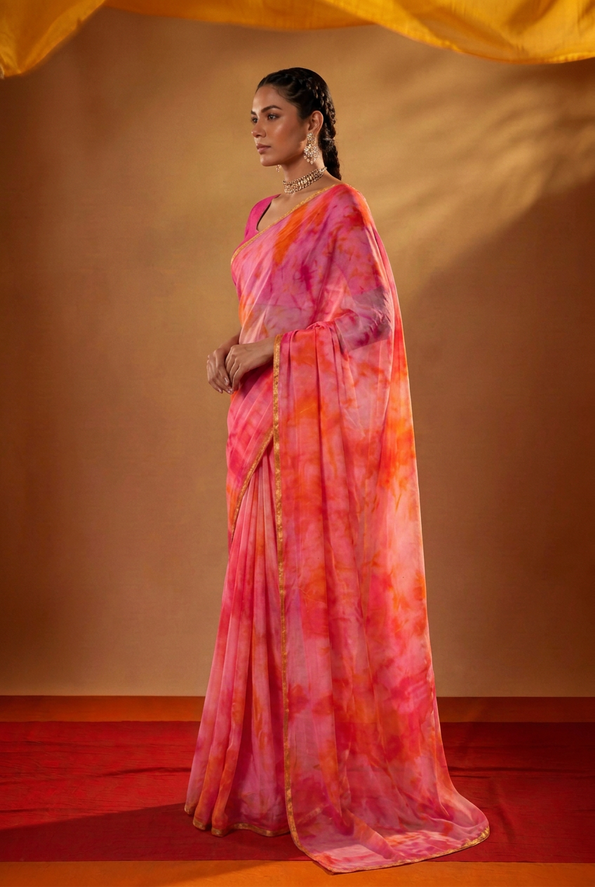 Tie & Dye Georgette Saree with Zari work.