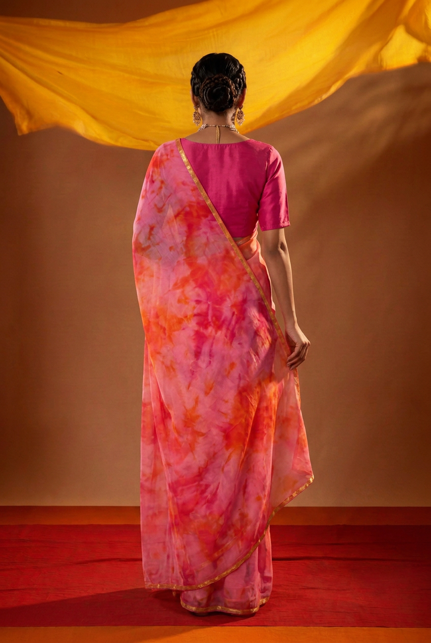 Tie & Dye Georgette Saree with Zari work.