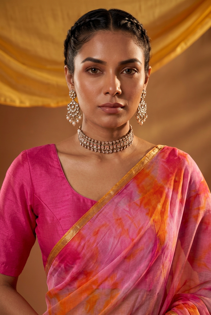 Tie & Dye Georgette Saree with Zari work.