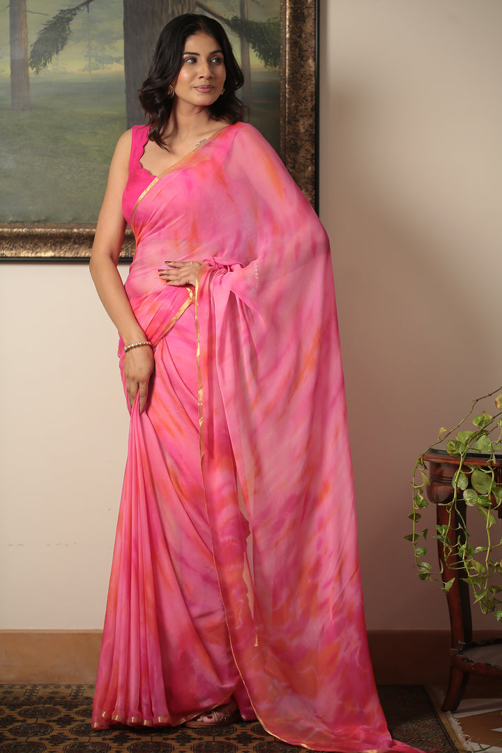 Tie & Dye chiffon Saree with Zari work.