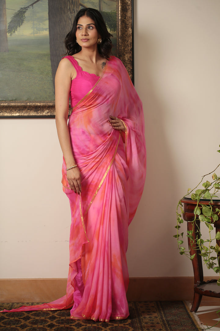 Tie & Dye chiffon Saree with Zari work.