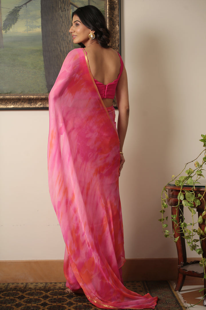 Tie & Dye chiffon Saree with Zari work.