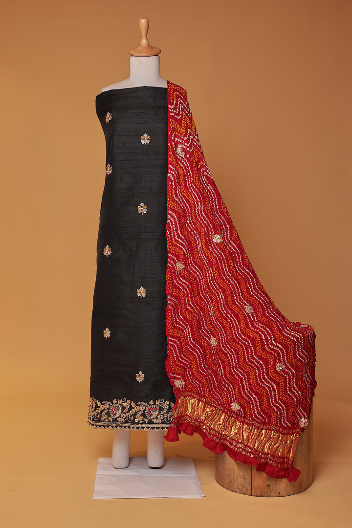 Bandhej Silk Unstitched Suit with Gota Patti, Thread and Zardozi work