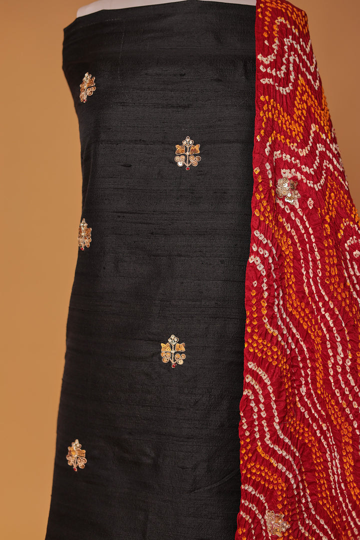 Bandhej Silk Unstitched Suit with Gota Patti, Thread and Zardozi work