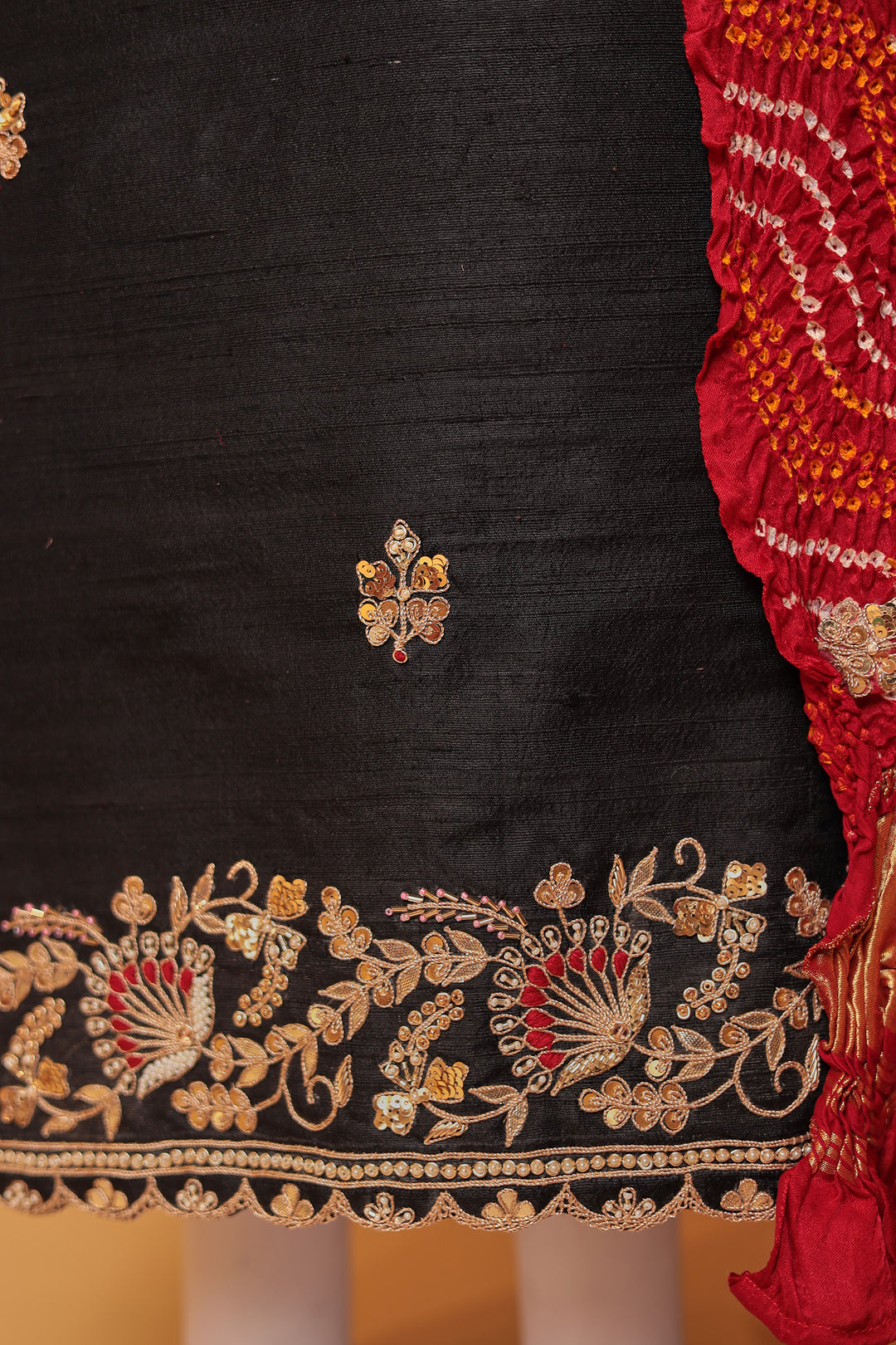 Bandhej Silk Unstitched Suit with Gota Patti, Thread and Zardozi work