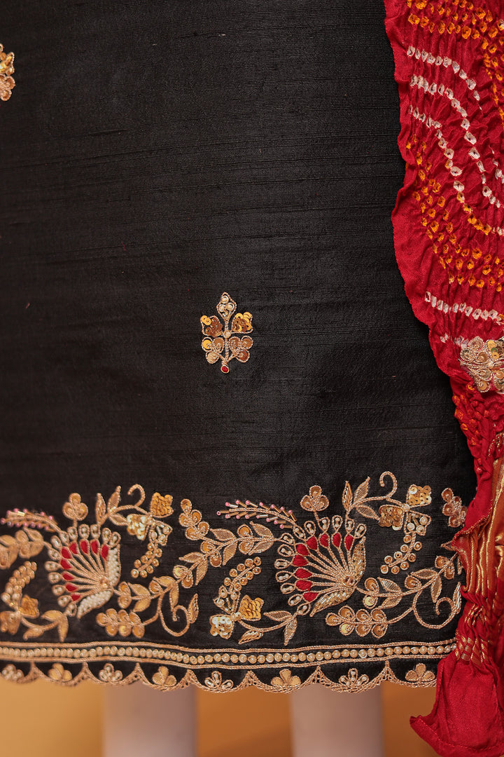 Bandhej Silk Unstitched Suit with Gota Patti, Thread and Zardozi work